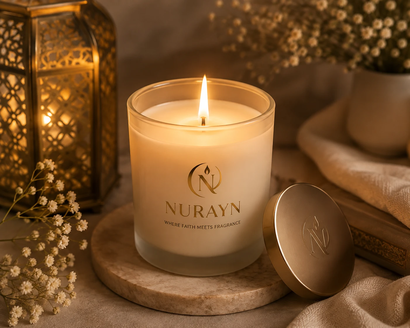 Blessed Light candle glowing beside a brass lantern